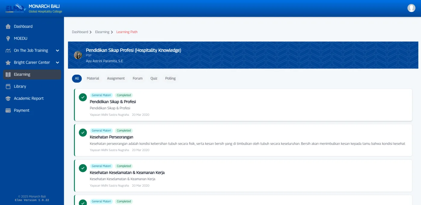 Tampilan halaman learning path pada platform e-learning, berisi daftar materi dan statusnya